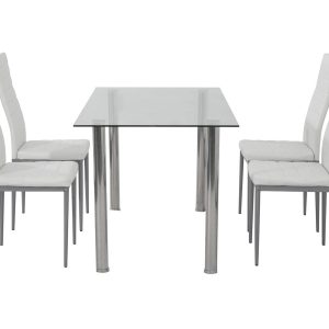 5PC Indoor Dining Table and Chairs Dinner Set Glass Leather Kitchen-White
