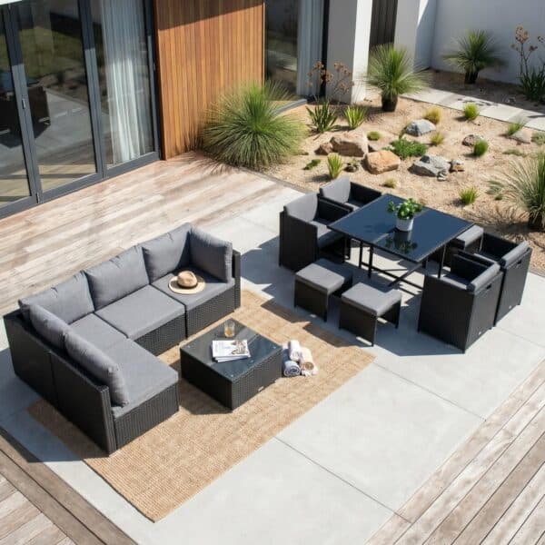 Outdoor Furniture Packages Horrocks 8 Seater Dining Set + Bondi 4 Seater Lounge Sofa - Black