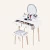 White dressing vanity table with LED mirror and makeup storage.
