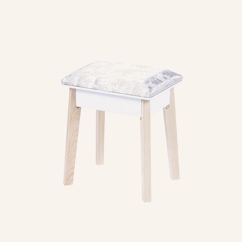White dressing vanity stool with soft velvet cushion and wooden legs.