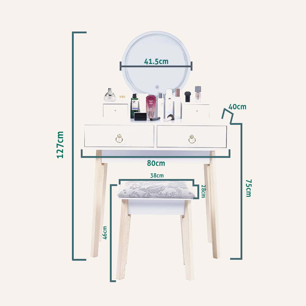 Dressing vanity table with LED mirror and stool, white finish, with makeup accessories.