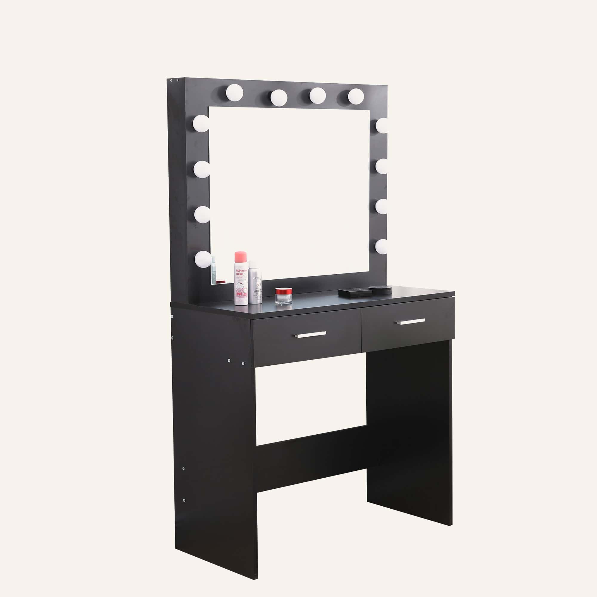 Dreamo black vanity table with lighted mirror and accessories.