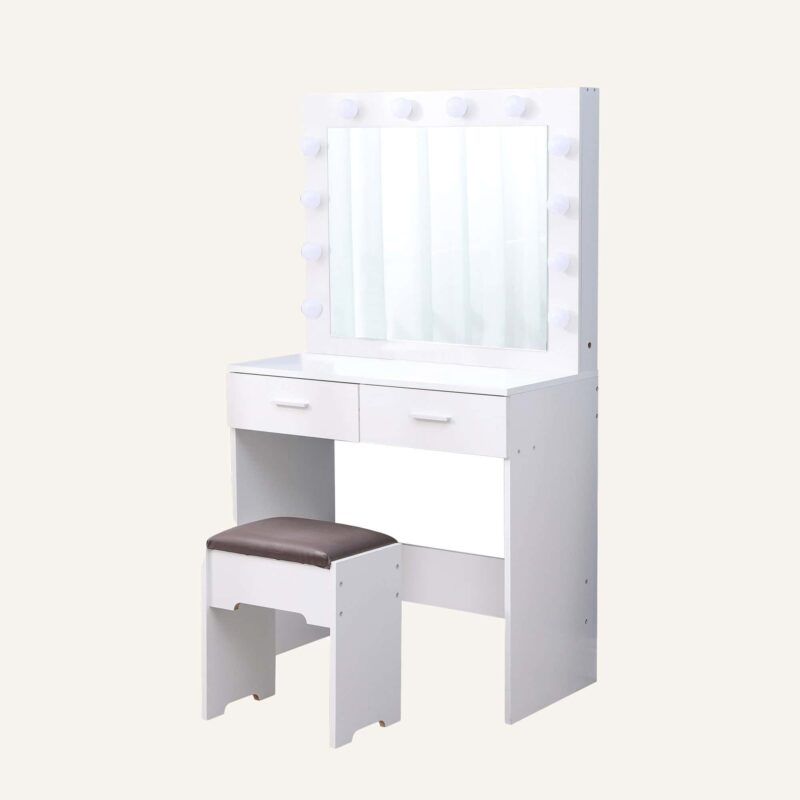 TAB-716 (2) Dreamo living vanity set with lighted mirror and cushioned stool in white.