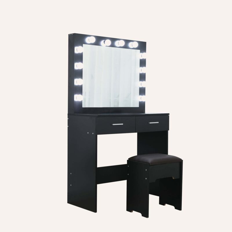 TAB-716 (5) Dreamo living black vanity set with lighted mirror and cushioned stool.