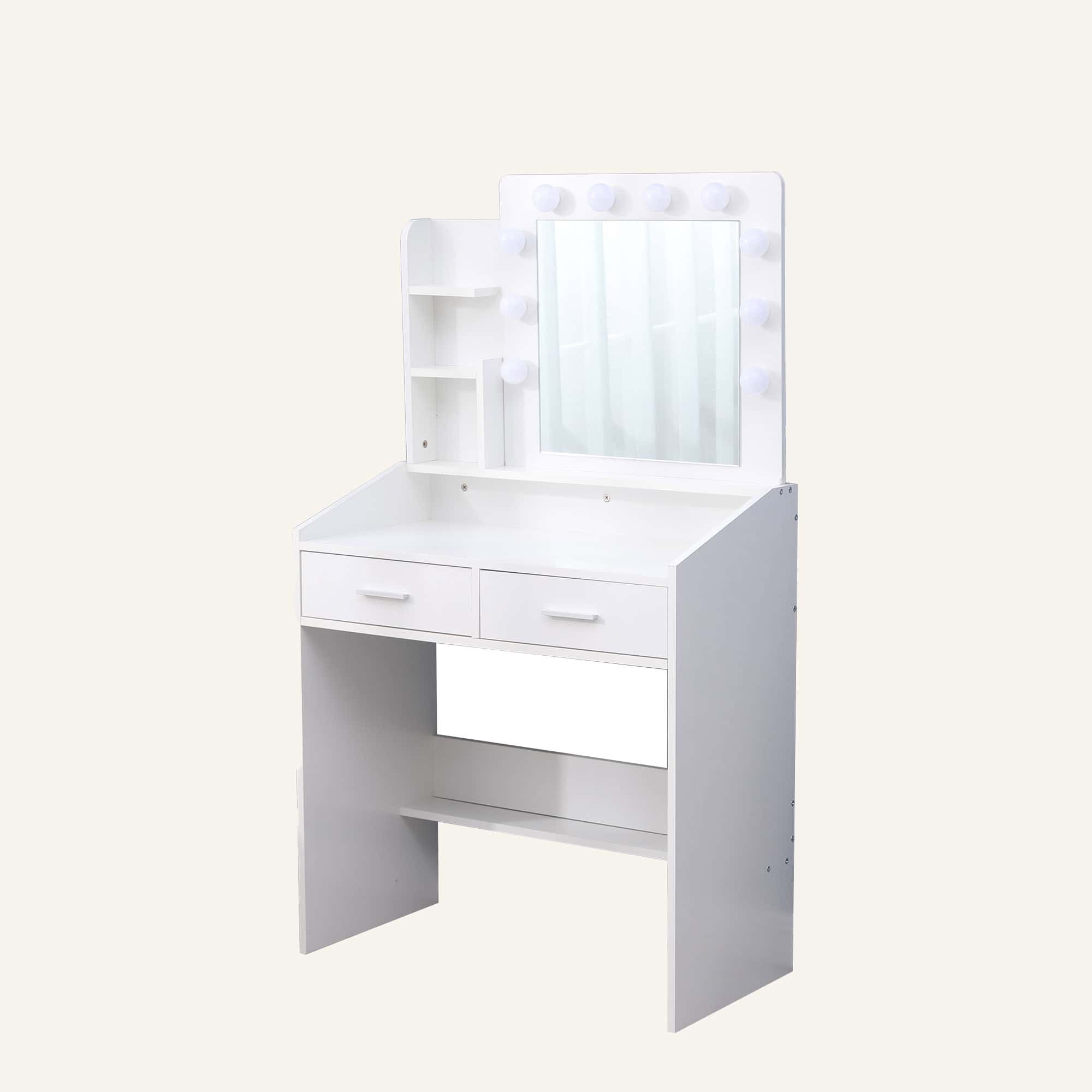 White vanity set with shelves, cushioned stool, and lighted mirror for bedroom decor.