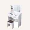 Diana Vanity Set with Shelves, Cushioned Stool, and Lighted Mirror in white.