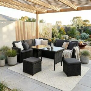 Ella 8-Seater Modular Outdoor Garden Lounge and Dining Set with Table and Stools in Black