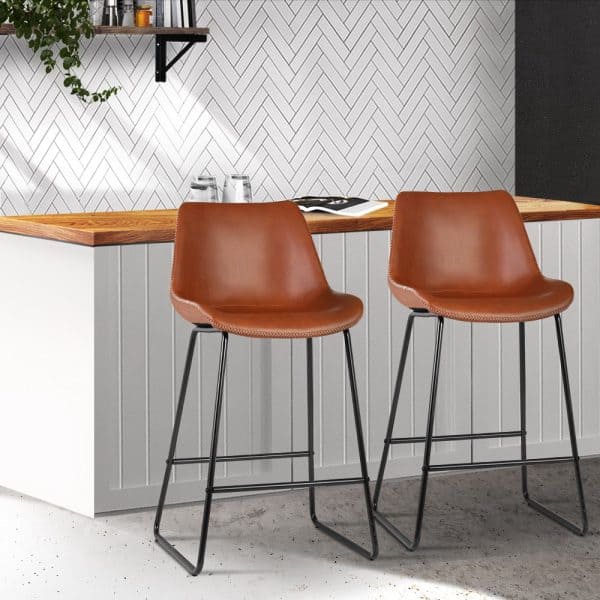 Set of 2 Mahogany Leather Kitchen Barstools