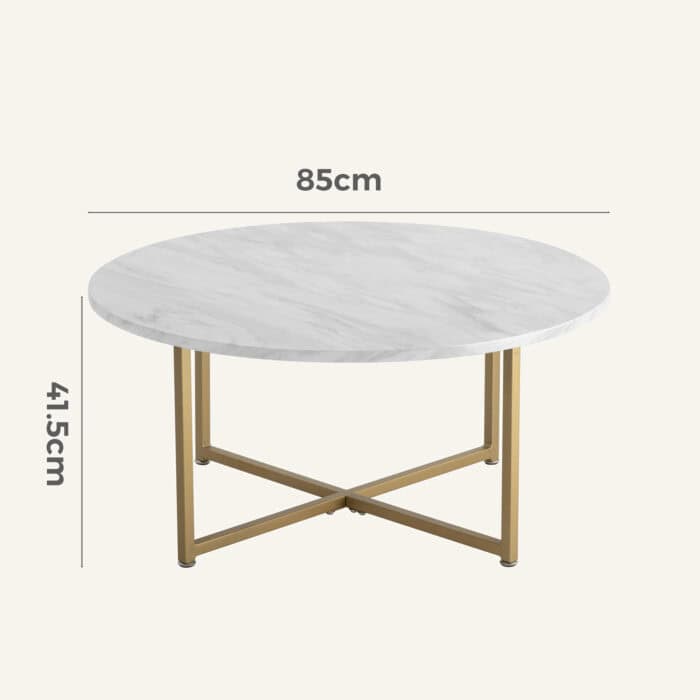 White marble effect round coffee table with gold legs for modern living rooms.