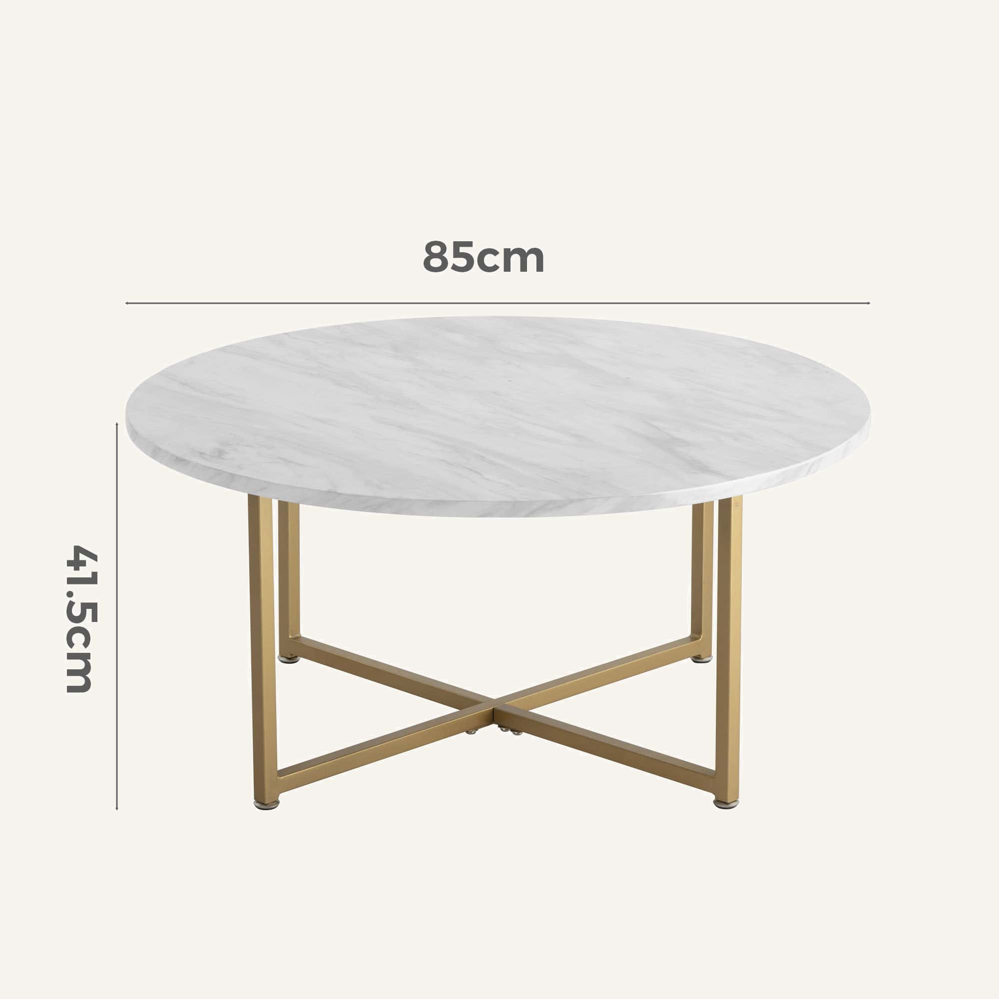 White marble effect round coffee table with gold legs for modern living rooms.