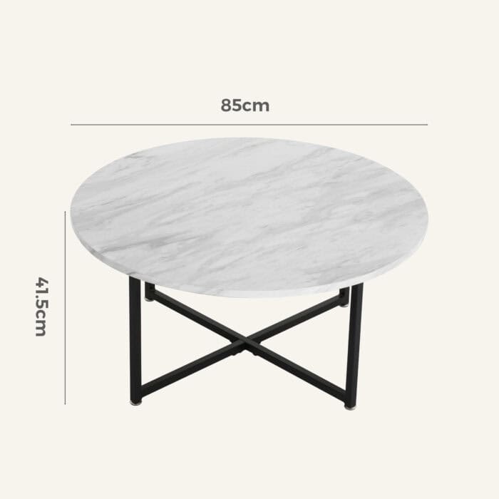 White marble effect round coffee table with black metal legs, 85cm diameter.