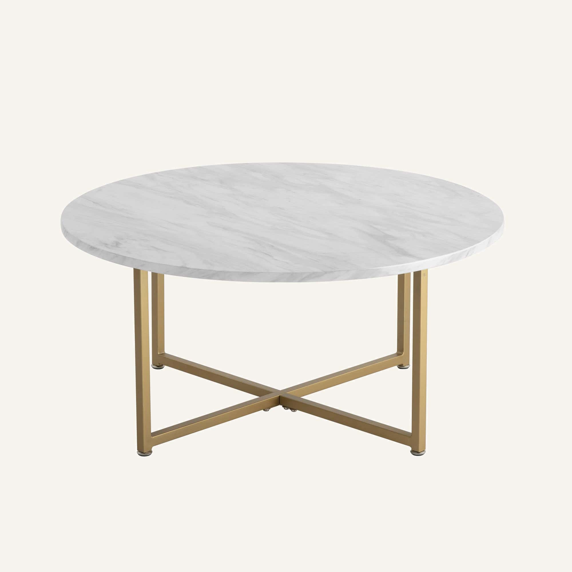 White marble effect round coffee table with gold legs for modern living rooms.