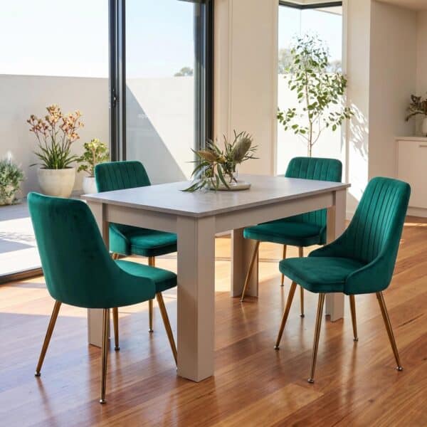 Grey Rectangular Dining Table with 4x Green Velvet Chairs