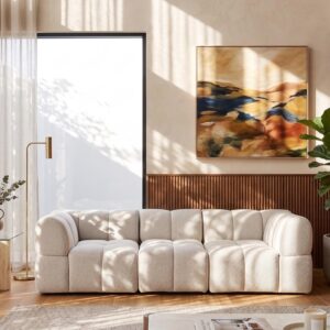 Lola 3.5 Seater Multi-Coloured Bouclé Sofa Couch in modern living room.