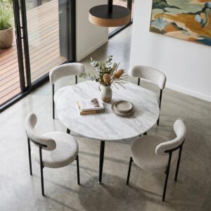 4-Seat White Dining Table Set with Plush Boucle Chairs