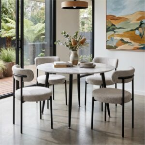 4-Seat White Dining Table Set with Plush Boucle Chairs
