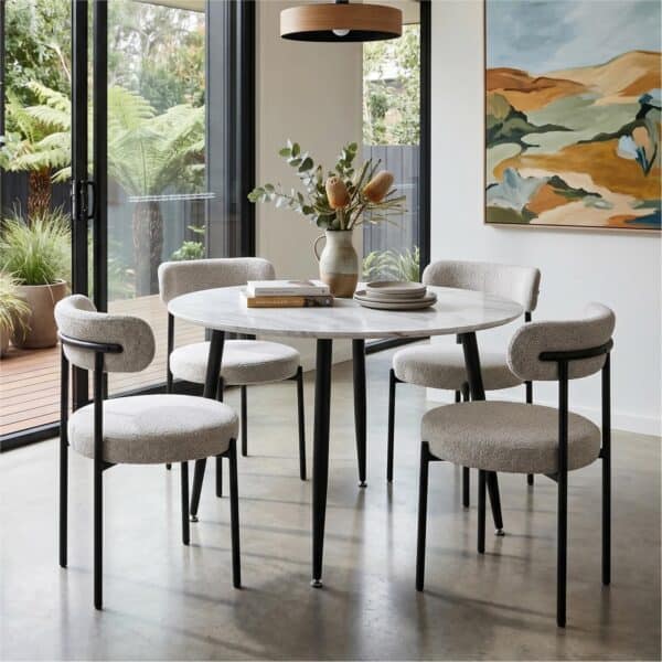 4-Seat White Dining Table Set with Plush Boucle Chairs