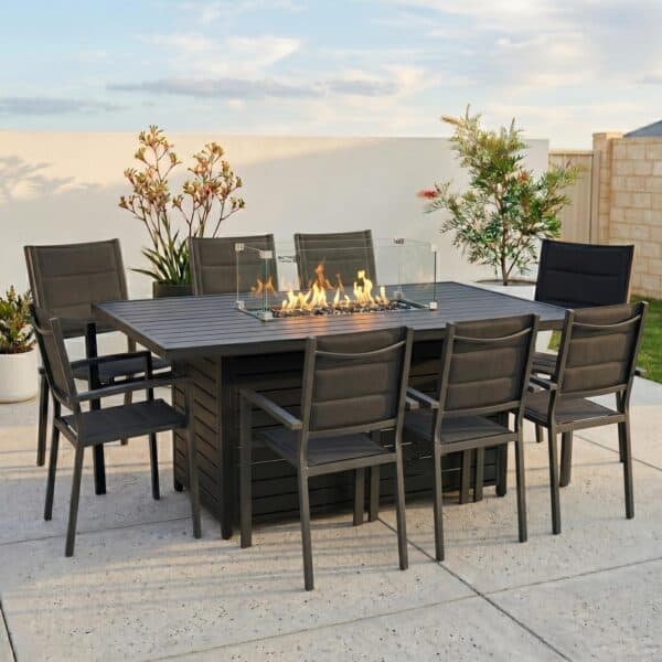 Midnight Ambiance Rectangle Fire Set with 8 Chairs – Black