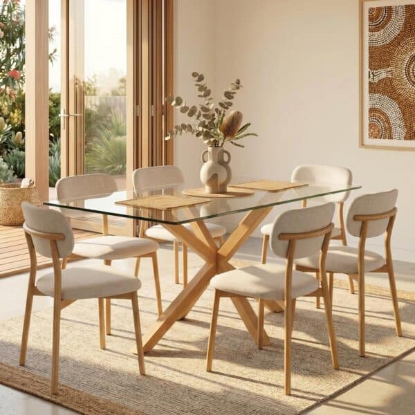 Clearview Oak Glass Dining Set with 6 Taupe Chairs