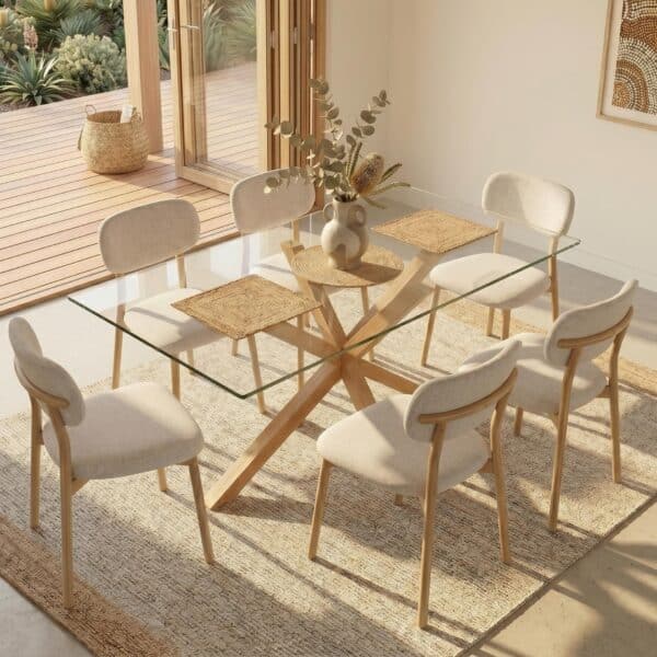 Clearview Oak Glass Dining Set with 6 Taupe Chairs