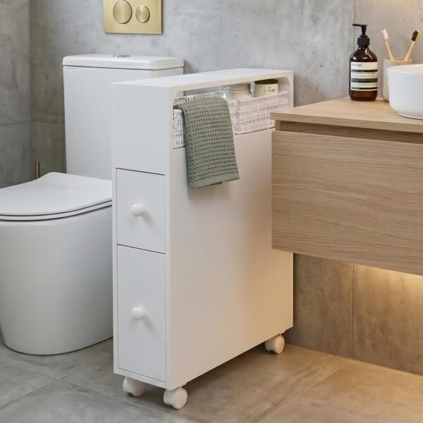 Removable Bathroom Side Cabinet Toilet Caddy with Storage Drawers- White