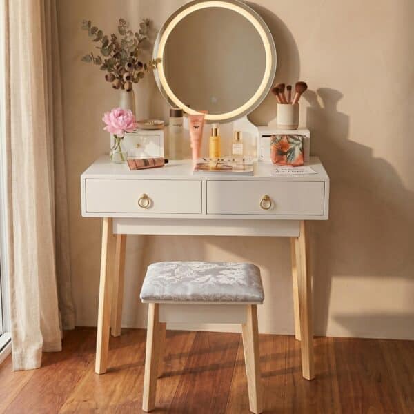 Dressing Vanity Table Stool Set with Make-up LED Lighted Mirror-White