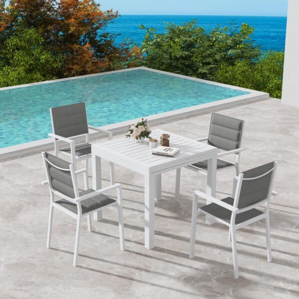 Adjustable Aluminium Garden Dining Table with Slats in White