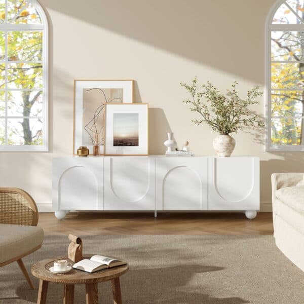 Celestine Arched-Detail White TV Stand with 4 Doors