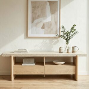 AURA Travertine-Effect TV Stand with 2 Drawers
