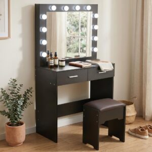 Fidel Vanity Set with Cushioned Stool and Lighted Mirror- Black