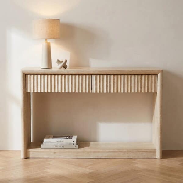 Noosa Travertine-Look Console Table with Ripple Drawer