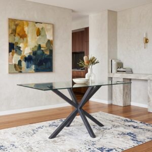 Finn Dining Table with Black Steel Legs and Glass Tabletop