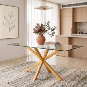 Finn Dining Table with Oak-Look Steel Legs and Glass Tabletop