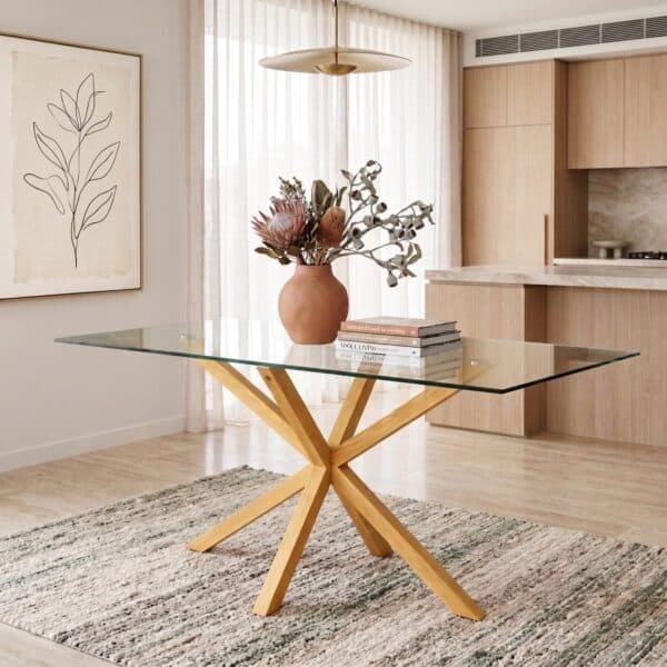 Finn Dining Table with Oak-Look Steel Legs and Glass Tabletop