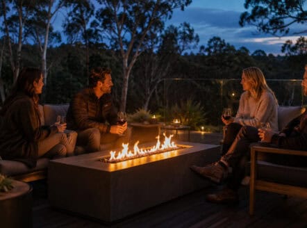 People enjoying a fire pit table on a deck at dusk in Australia.