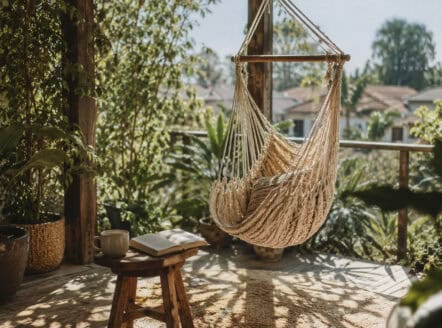 Cozy hammock chair hanging on a balcony with lush greenery.