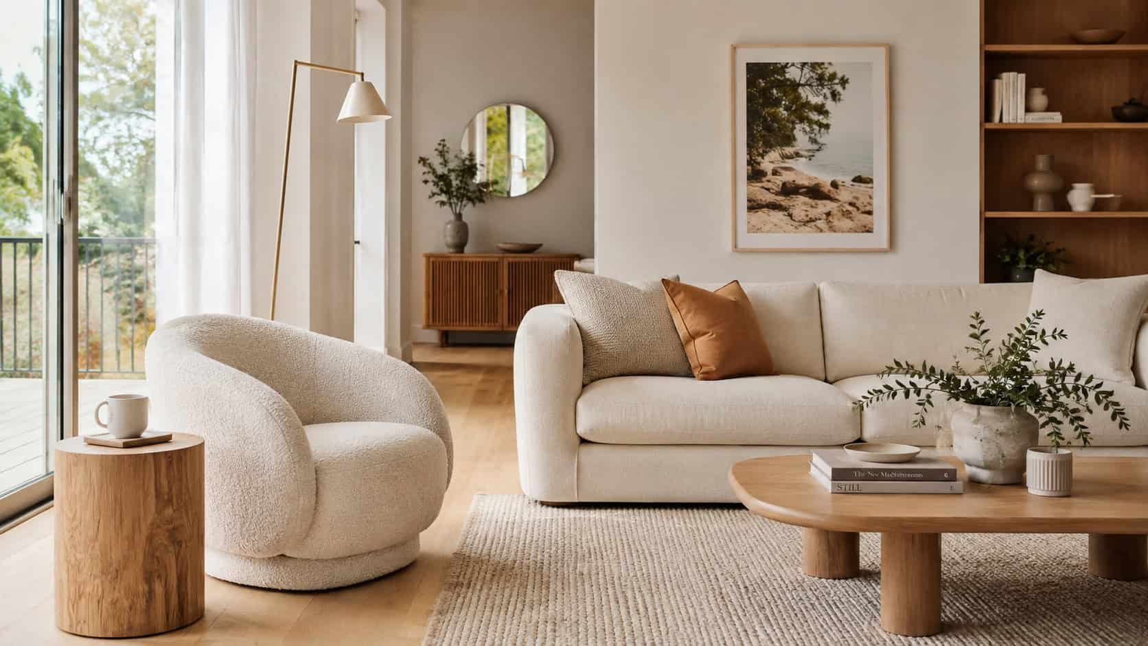 Cozy beige accent chair in a stylish living room setting.