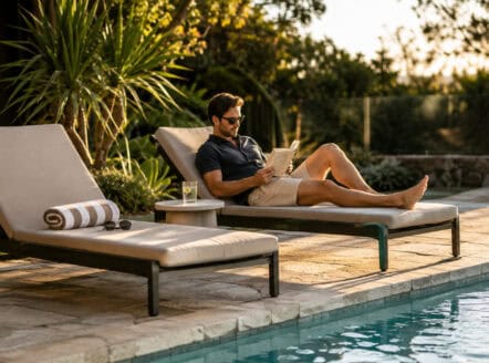 Man relaxing on a sun lounge by the pool in a backyard setting.