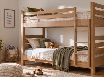 Wooden bunk bed with bedding and pillows in a bright, modern bedroom setting.