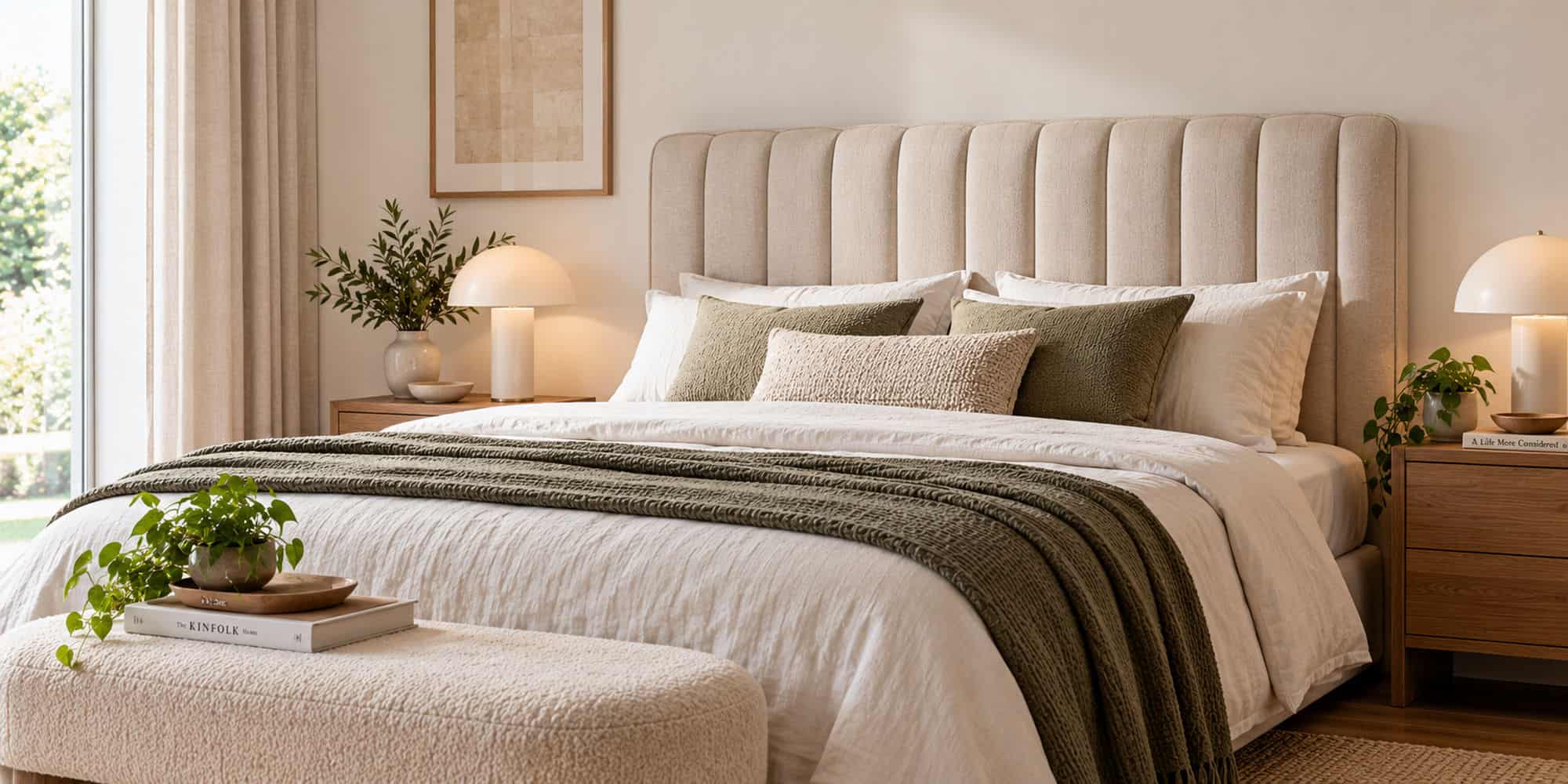 Cream upholstered headboard with its full width visible relative to the bed and bedside tables.