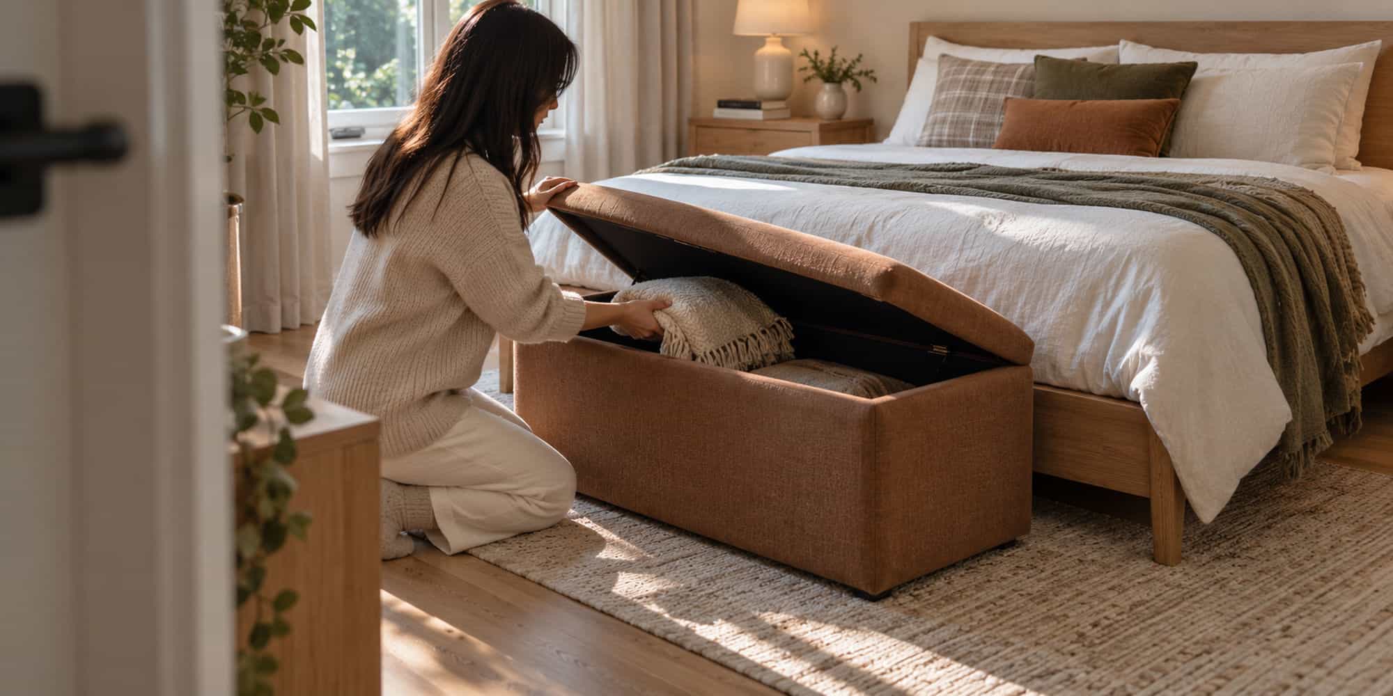 Woman organizing bedroom storage with Dreamo Living furniture.